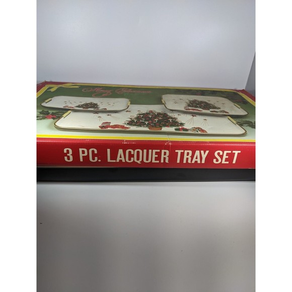 VTG 3 Pc Lacquered Merry Christmas Nesting Trays Hand Decorated w/ box Japan - Picture 13 of 16